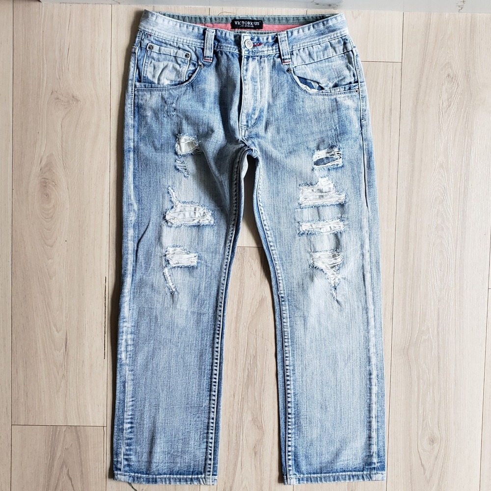 Victorious Distressed Jeans Mens 32x30 Light Wash Blue Ripped Streetwear Pants